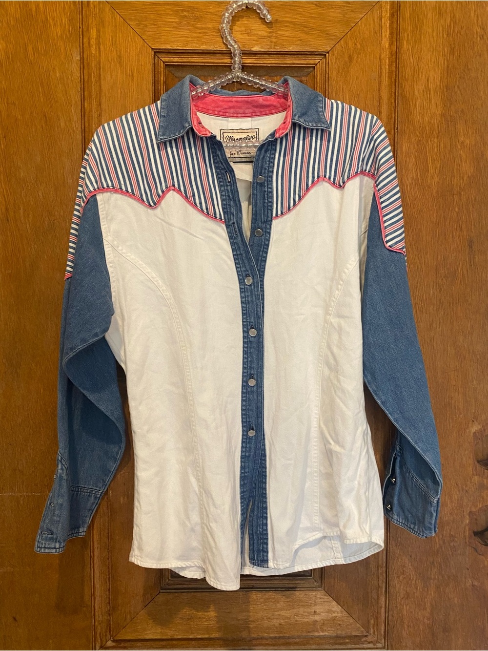 Vintage wrangler wester wear button down shirt white blue pink small medium
